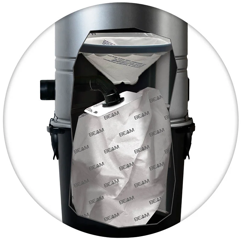 Cutaway of a BEAM hybrid central vacuum showing the disposable bag and Gore filter inside the canister