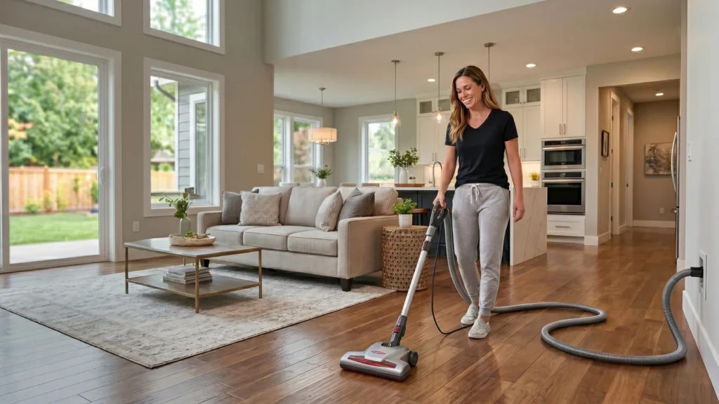 Woman vacuuming a hardwood floor with a central vacuum hose