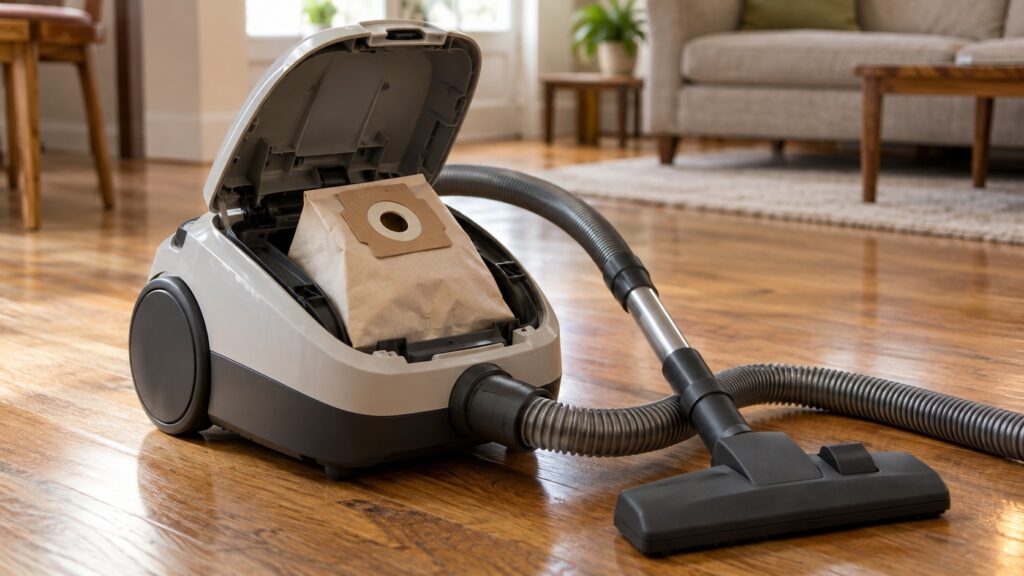 Canister vacuum with the lid open showing the dust bag, ready for service